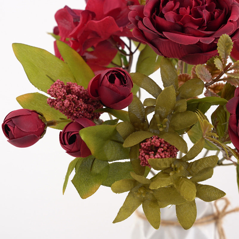 12.5 Inch Mixed Artificial Flower Bouquet 10 Pcs Peony Rose Bud Hydrangea Bush Arrangement