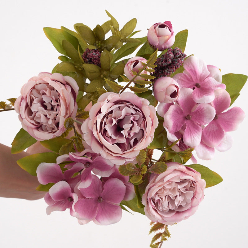 12.5 Inch Mixed Artificial Flower Bouquet 10 Pcs Peony Rose Bud Hydrangea Bush Arrangement