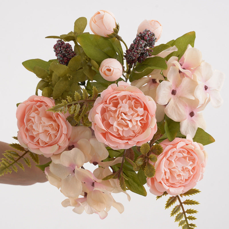 12.5 Inch Mixed Artificial Flower Bouquet 10 Pcs Peony Rose Bud Hydrangea Bush Arrangement