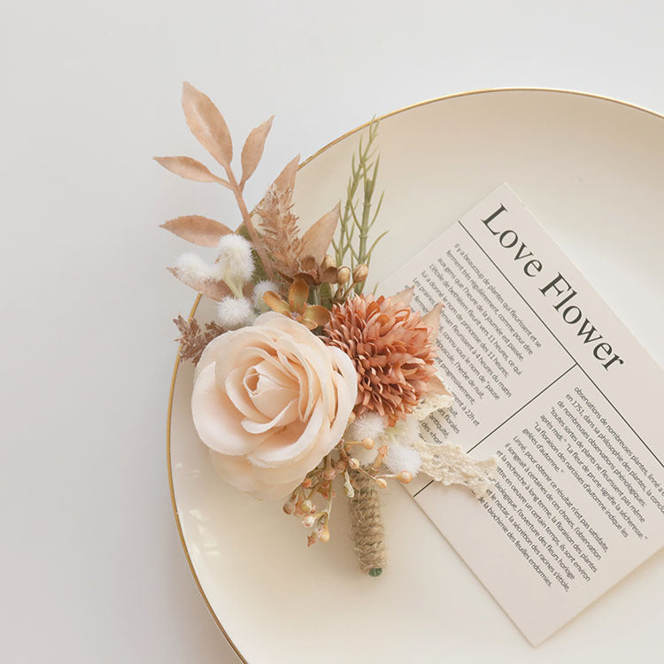 Retro Champagne Rose Boutonnieres with Burnt Orange Mum, Bulk Wholesale, Artificial Flowers