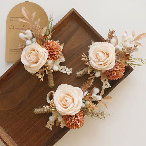 Retro Champagne Rose Boutonnieres with Burnt Orange Mum, Bulk Wholesale, Artificial Flowers