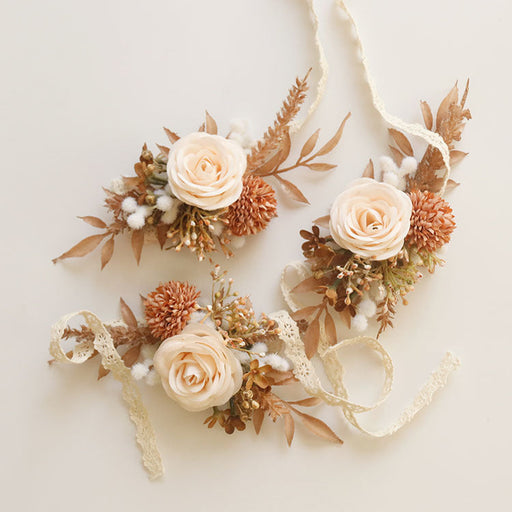 Retro Champagne Rose and Burnt Orange Mum Wrist Corsage Bulk Pack, Artificial Flowers