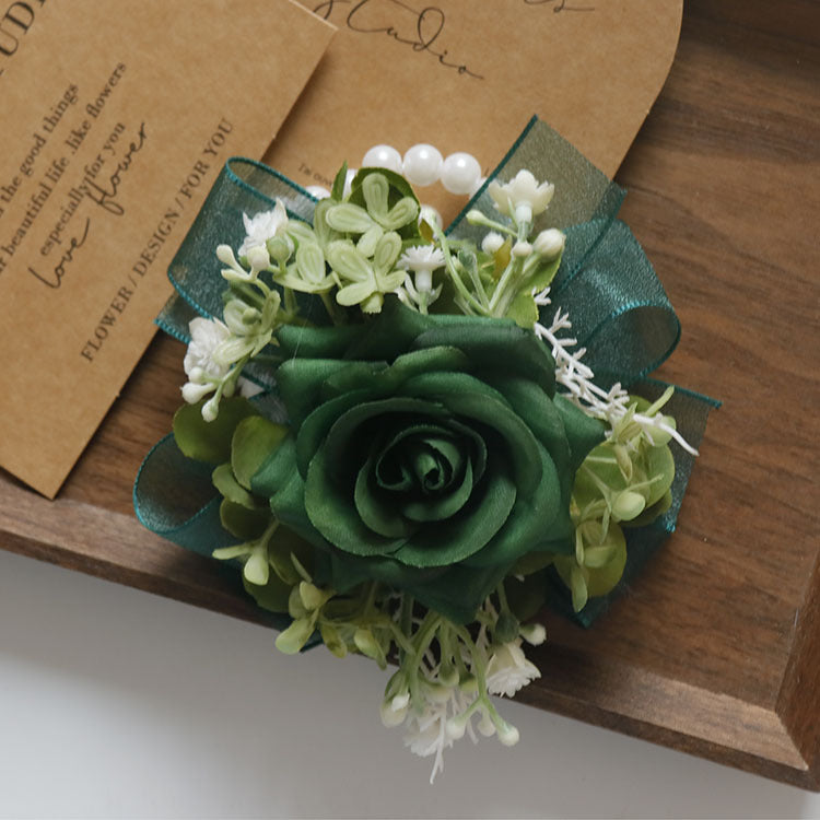Retro Green Rose Wrist Corsage with Greenery, Bulk Quantity, Artificial Flowers
