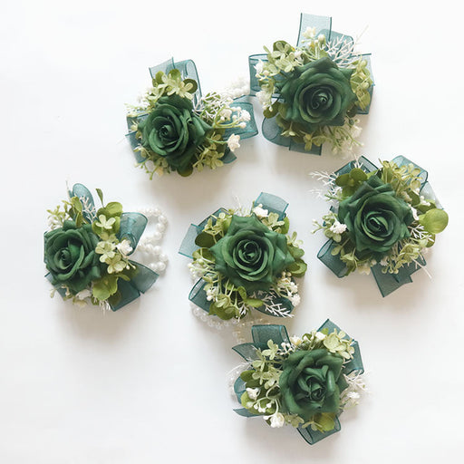 Retro Green Rose Wrist Corsage with Greenery, Bulk Quantity, Artificial Flowers