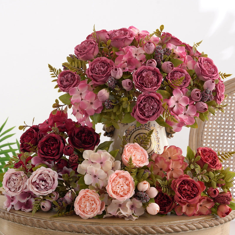 12.5 Inch Mixed Artificial Flower Bouquet 10 Pcs Peony Rose Bud Hydrangea Bush Arrangement