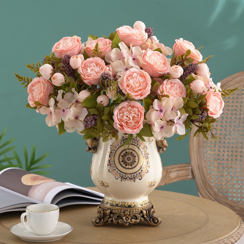 12.5 Inch Mixed Artificial Flower Bouquet 10 Pcs Peony Rose Bud Hydrangea Bush Arrangement