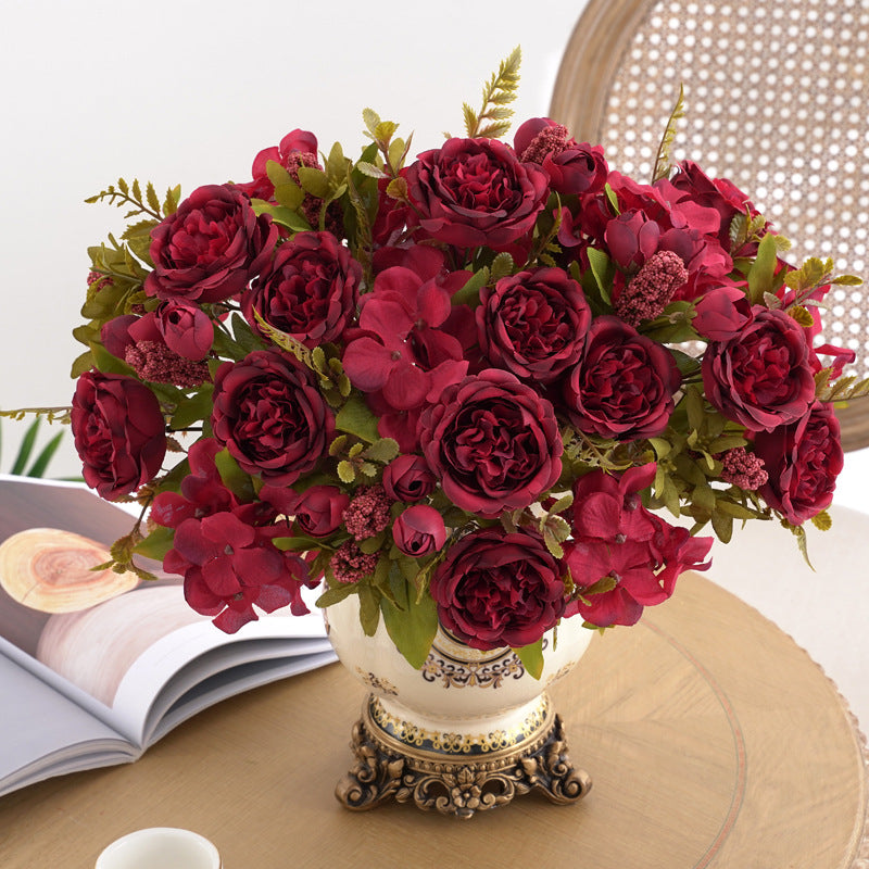 12.5 Inch Mixed Artificial Flower Bouquet 10 Pcs Peony Rose Bud Hydrangea Bush Arrangement