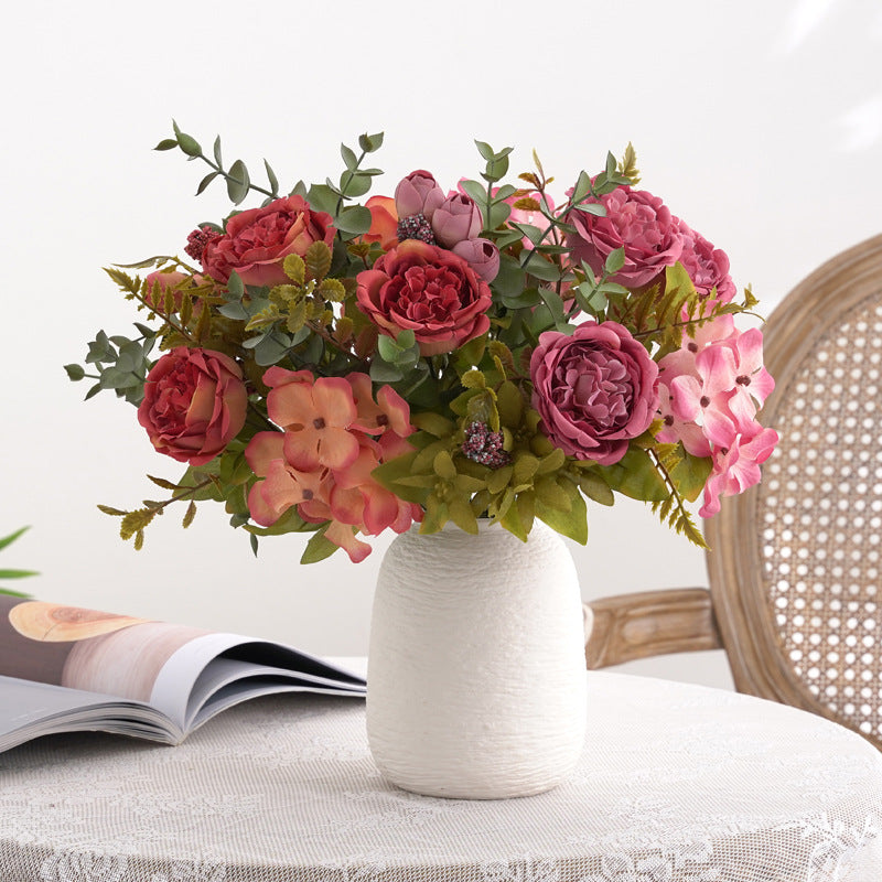 12.5 Inch Mixed Artificial Flower Bouquet 10 Pcs Peony Rose Bud Hydrangea Bush Arrangement