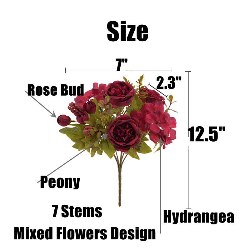 12.5 Inch Mixed Artificial Flower Bouquet 10 Pcs Peony Rose Bud Hydrangea Bush Arrangement