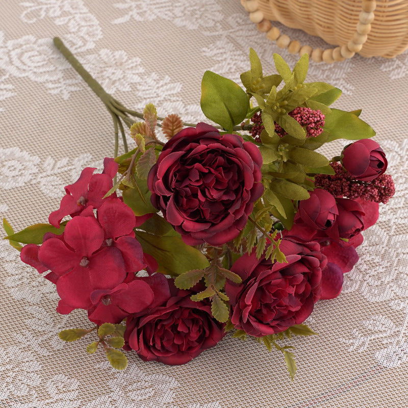12.5 Inch Mixed Artificial Flower Bouquet 10 Pcs Peony Rose Bud Hydrangea Bush Arrangement