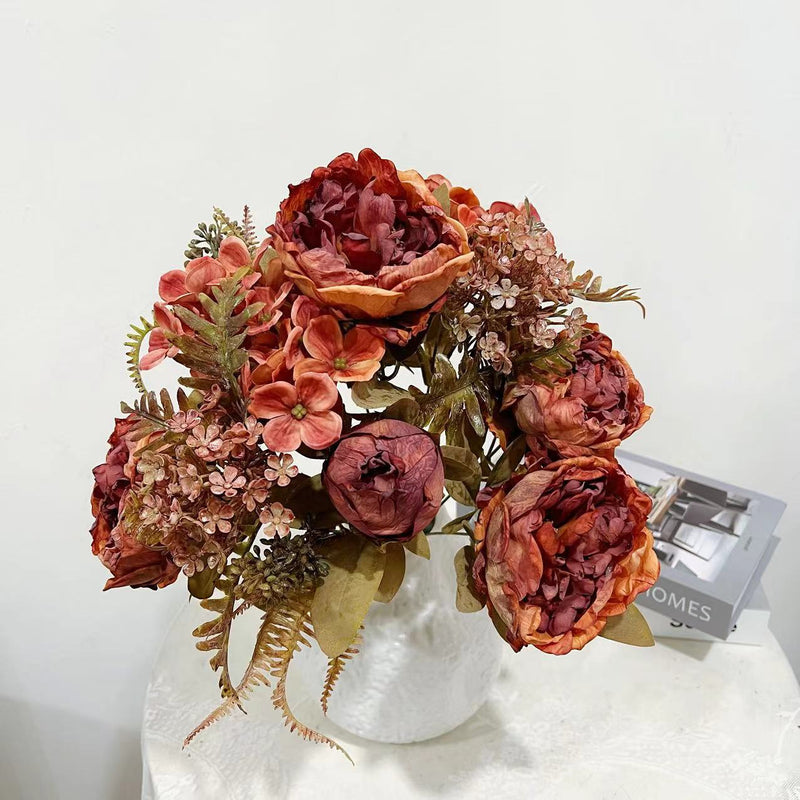 18 Inch Artificial Peony Bush Bouquet, Burnt Edge, Large, Bulk Wholesale, 18" Tall