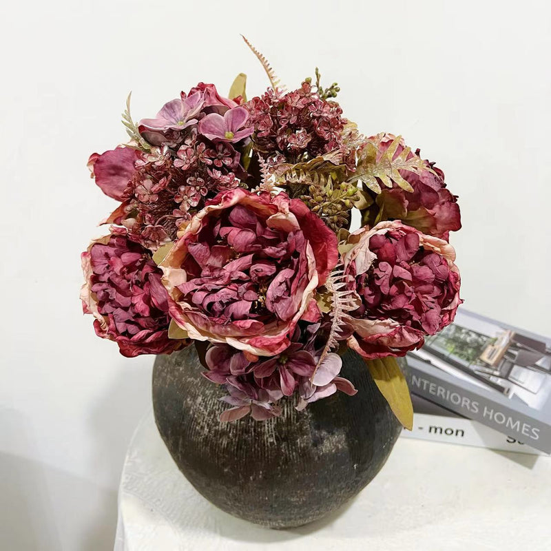 18 Inch Artificial Peony Bush Bouquet, Burnt Edge, Large, Bulk Wholesale, 18" Tall