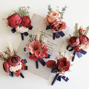 Retro Red Peony and Daisy Boutonnieres and Corsage Set, Bulk Artificial Flowers, Wedding Accessories