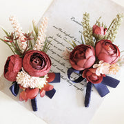Retro Red Peony and Daisy Boutonnieres and Corsage Set, Bulk Artificial Flowers, Wedding Accessories