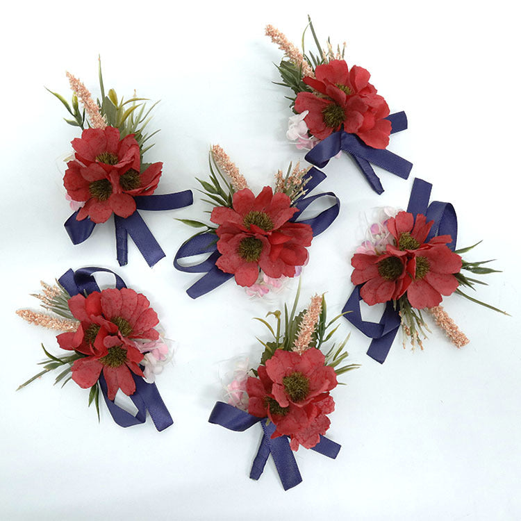 Retro Red Peony and Daisy Boutonnieres and Corsage Set, Bulk Artificial Flowers, Wedding Accessories