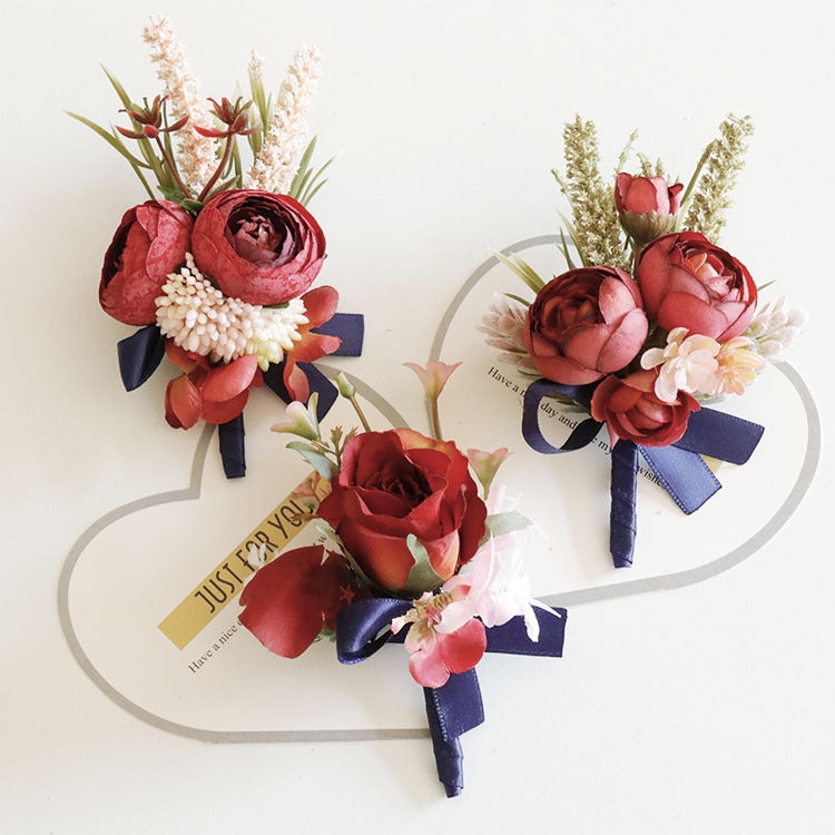 Retro Red Peony and Daisy Boutonnieres and Corsage Set, Bulk Artificial Flowers, Wedding Accessories