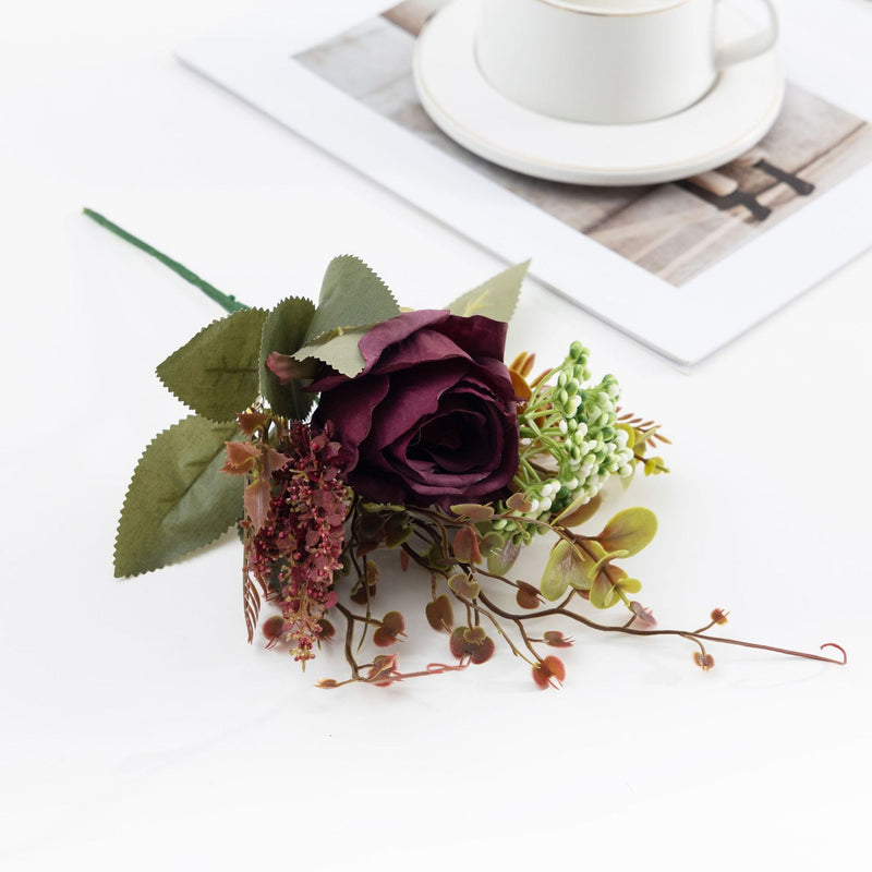 12 Inch Artificial Rose Bush Bouquet, 10 Pcs Autumn Winter Floral Arrangement