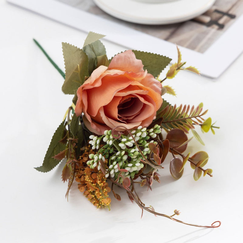 12 Inch Artificial Rose Bush Bouquet, 10 Pcs Autumn Winter Floral Arrangement