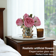 7 Inch Real Touch Rose Bouquet 12 Stems Amber Glass Vase Artificial Floral Arrangement
