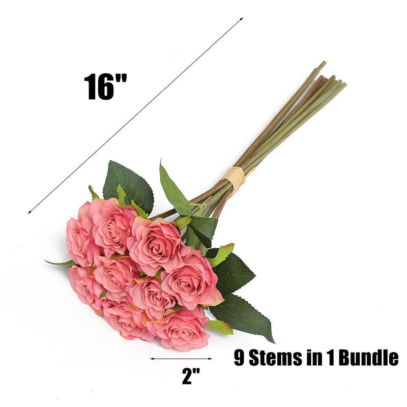 16 Inch Artificial Silk Rose Bouquet, 10 Pcs Bulk, Tall Realistic Flower Stems