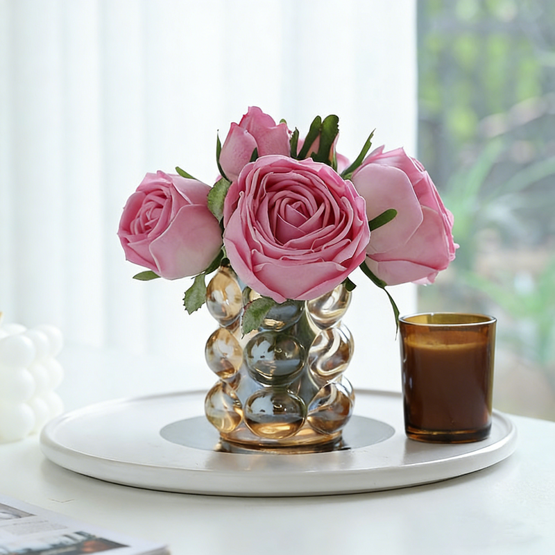 7 Inch Real Touch Rose Bouquet 12 Stems Amber Glass Vase Artificial Floral Arrangement