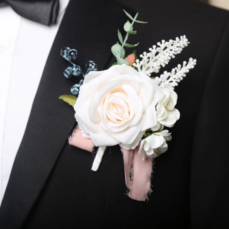 Artificial Rose Boutonniere 12 Pcs Wedding Groomsmen Men Silk Flower Accessories