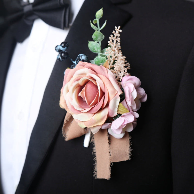 Artificial Rose Boutonniere 12 Pcs Wedding Groomsmen Men Silk Flower Accessories