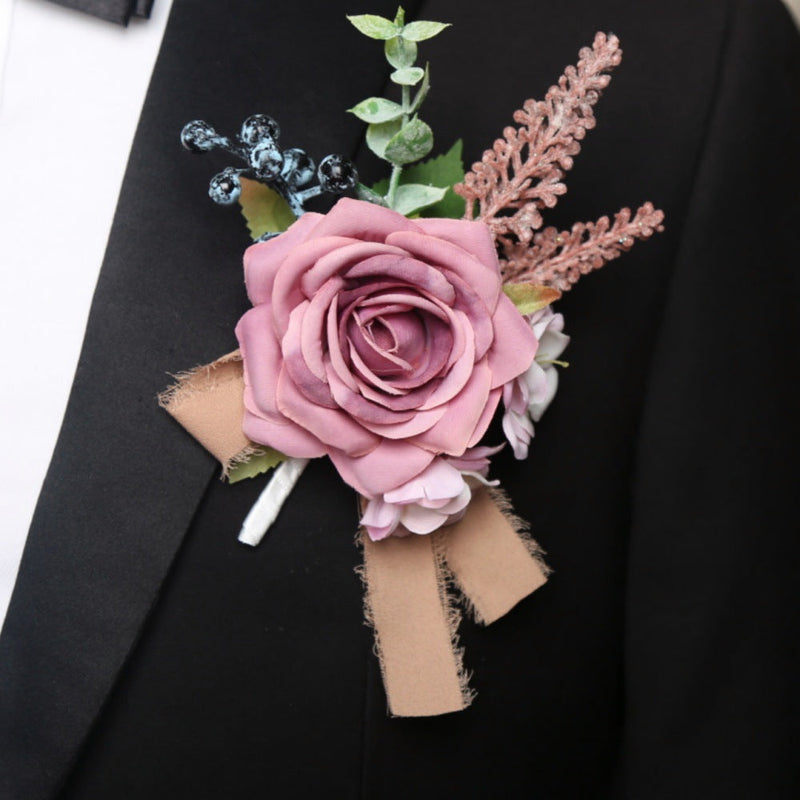 Artificial Rose Boutonniere 12 Pcs Wedding Groomsmen Men Silk Flower Accessories