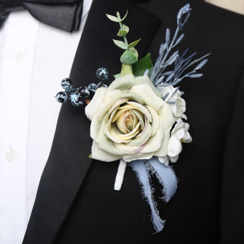 Artificial Rose Boutonniere 12 Pcs Wedding Groomsmen Men Silk Flower Accessories