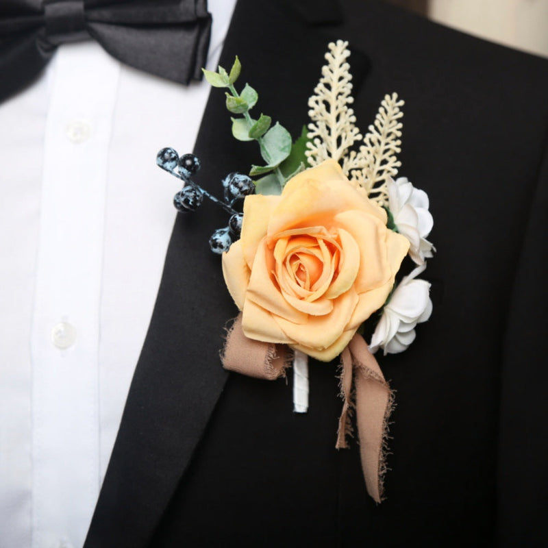 Artificial Rose Boutonniere 12 Pcs Wedding Groomsmen Men Silk Flower Accessories