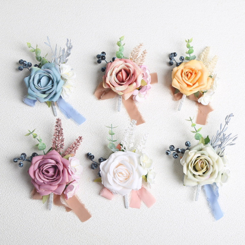 Artificial Rose Boutonniere 12 Pcs Wedding Groomsmen Men Silk Flower Accessories