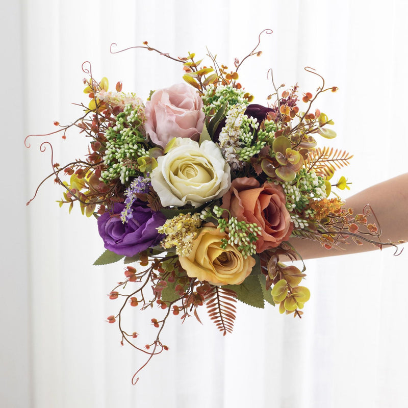 12 Inch Artificial Rose Bush Bouquet, 10 Pcs Autumn Winter Floral Arrangement