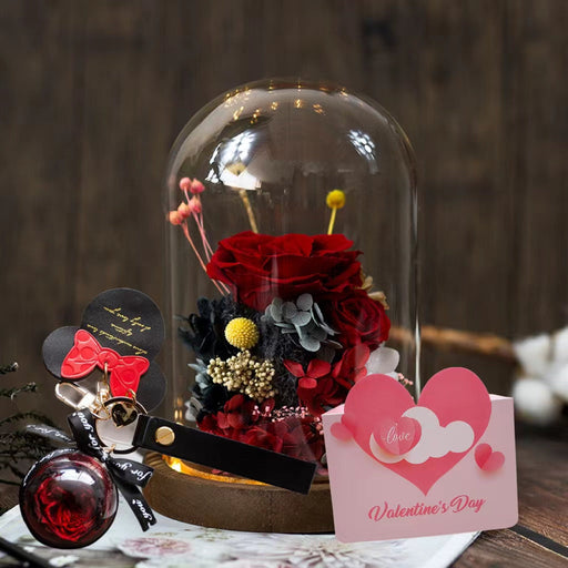 3 Pcs Artificial Rose in Glass Cover with Keychain and Card Valentine Women Gift Set