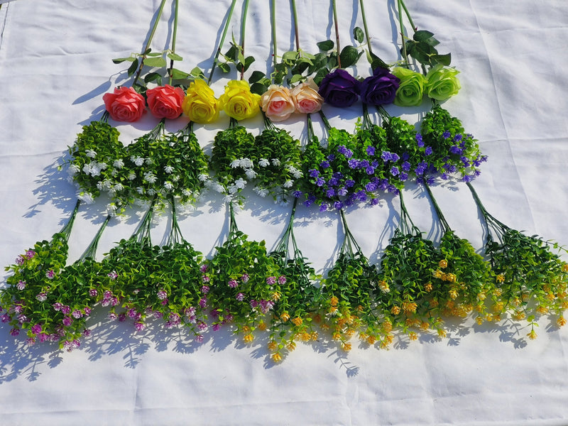 30 Pcs Mixed Artificial Outdoor Roses and Plants, UV Resistant Faux Flowers Bulk