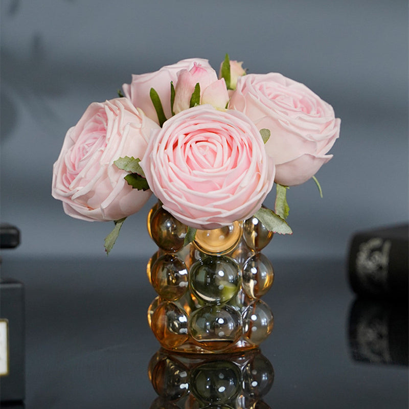7 Inch Real Touch Rose Bouquet 12 Stems Amber Glass Vase Artificial Floral Arrangement