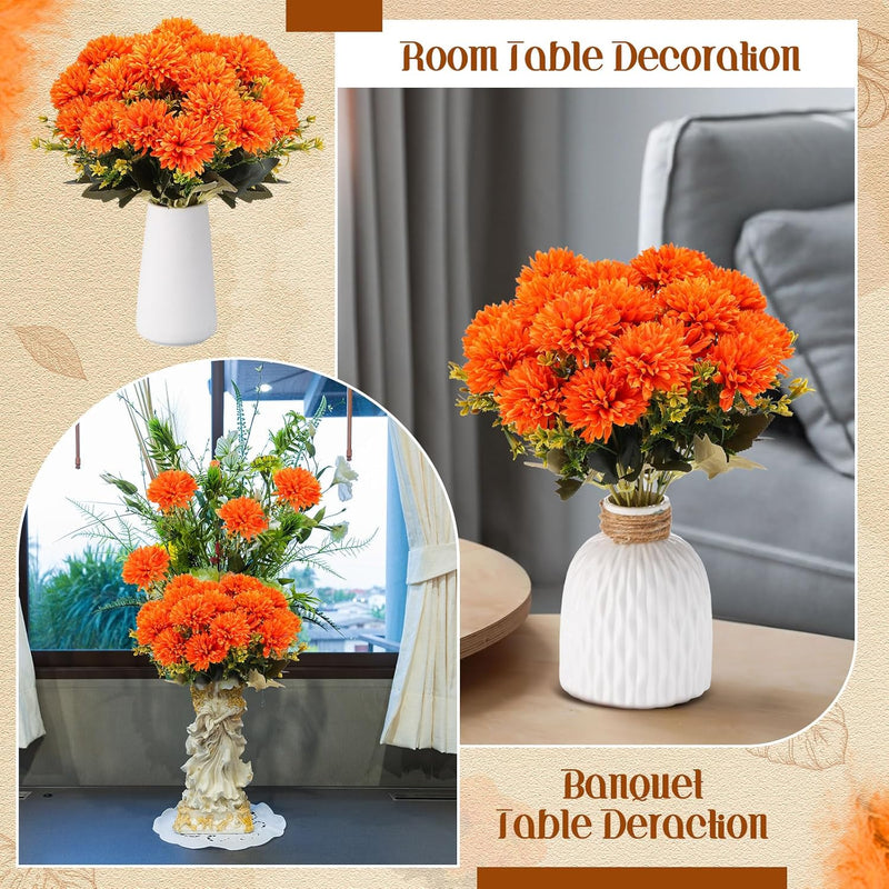 4 Pcs Artificial Marigold Flower Bushes, 11.8 Inch Faux Mum Ball Flowers for Autumn, Silk