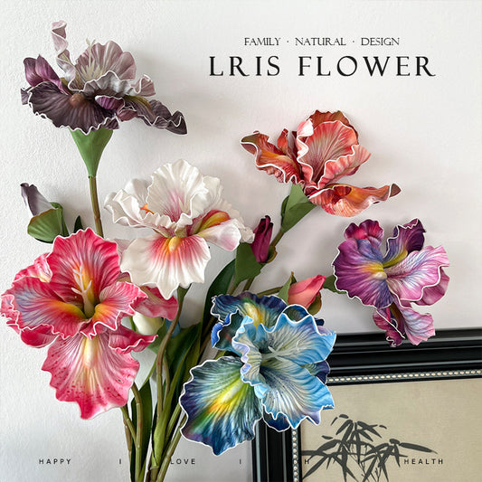 Real-Touch Iris Artificial Flowers - 2 Blooms Short Stem Oil Painting Colors - 17.7" Tall - Home Decor