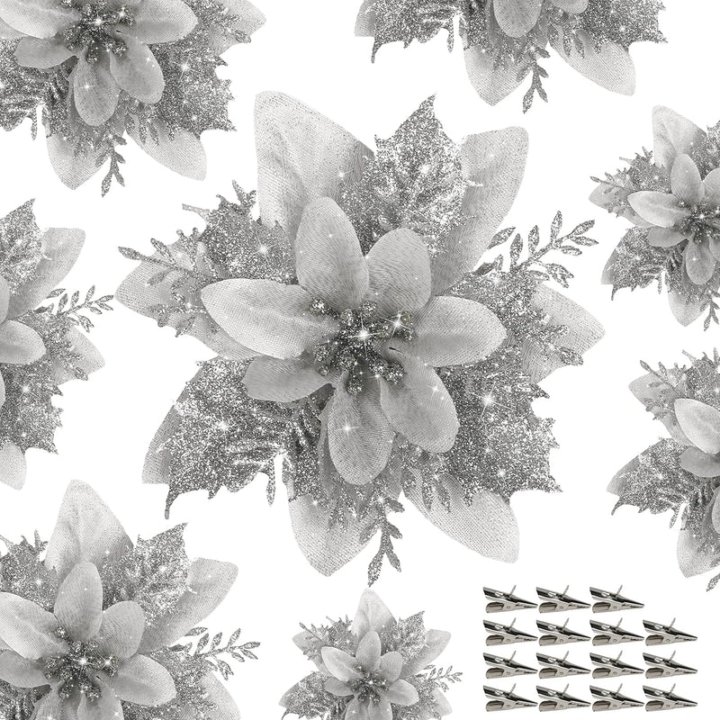 18 Pcs Artificial Poinsettia Flowers with Clips, Red Silk Christmas Decorations Bulk Set