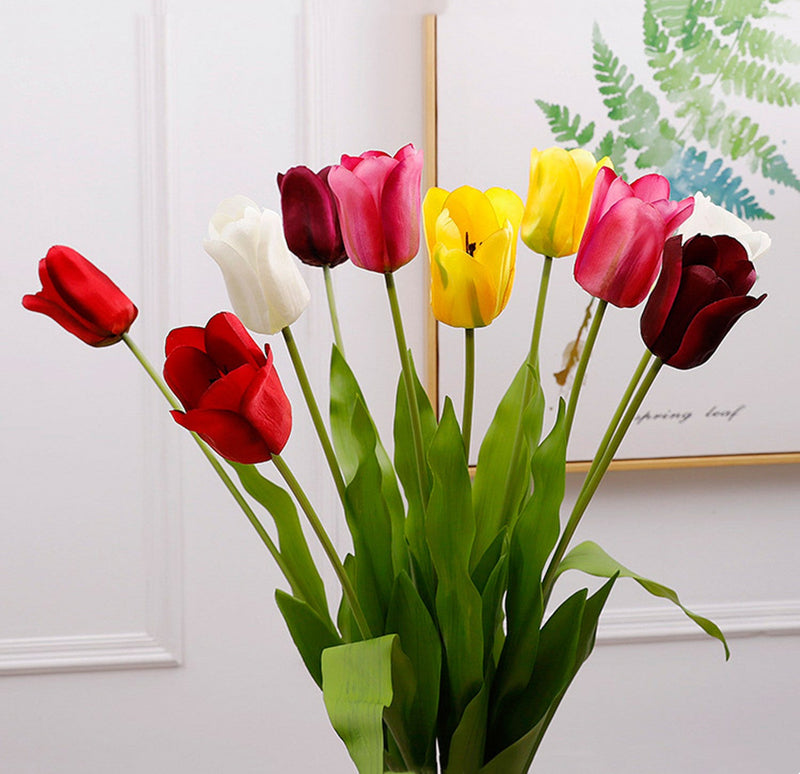 12 Inch Artificial Silk Tulip Flowers Bouquet, 12 Pcs, 19" Stems, Bulk Wholesale