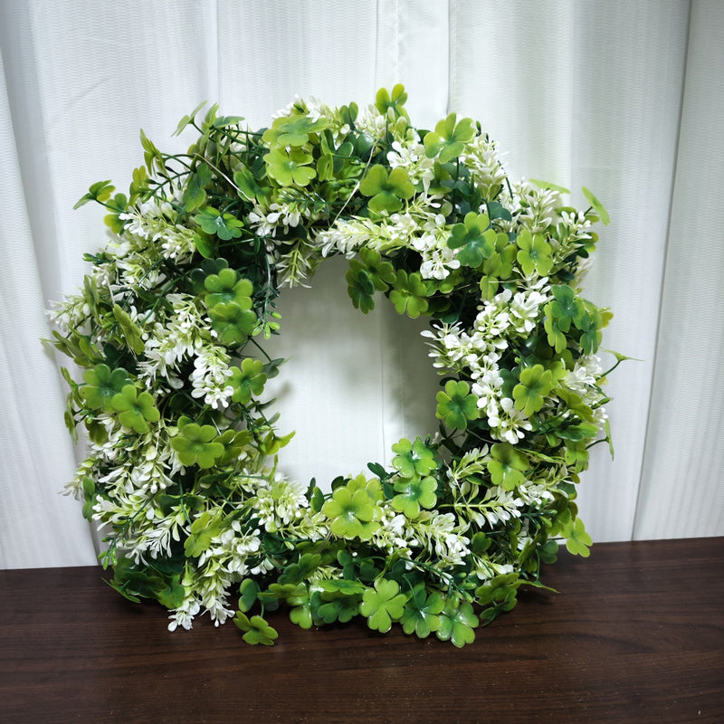 Artificial Shamrock Clover Wreath with Lights 18 Inch Greenery St. Patrick's Day Front Door Decor