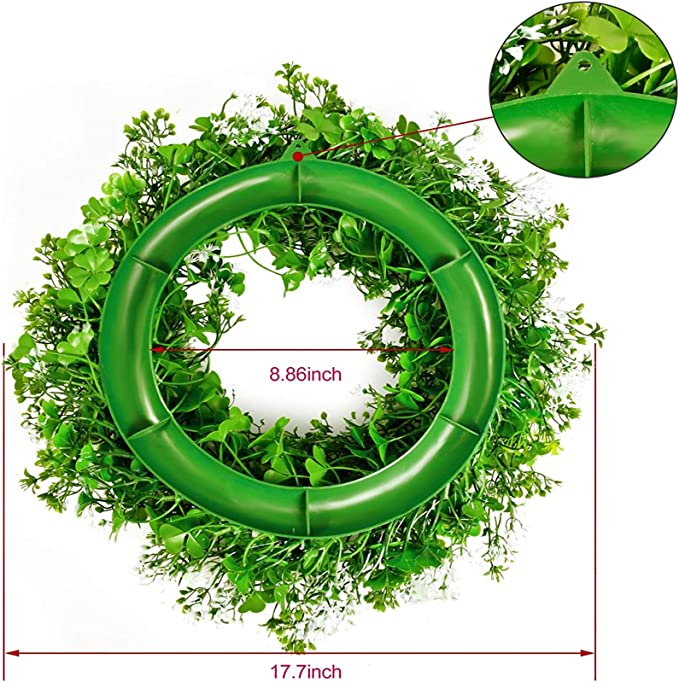 Artificial Shamrock Clover Wreath with Lights 18 Inch Greenery St. Patrick's Day Front Door Decor
