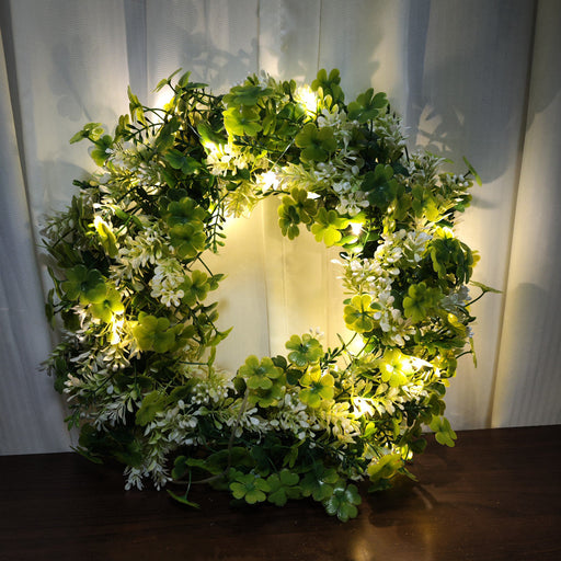 Artificial Shamrock Clover Wreath with Lights 18 Inch Greenery St. Patrick's Day Front Door Decor