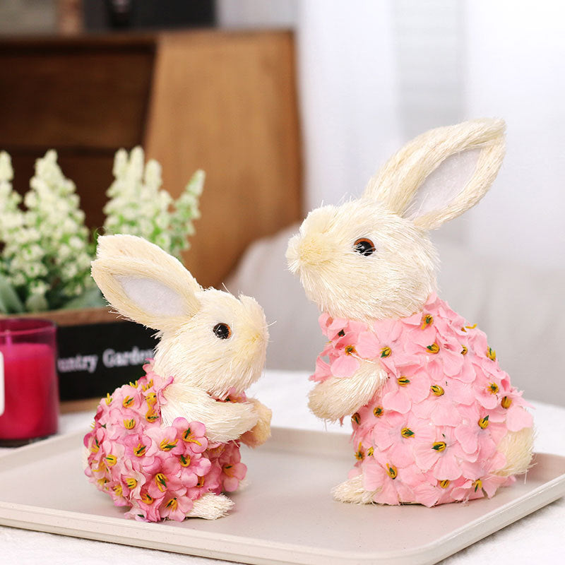 2 Pcs Handmade Straw Easter Bunny Decoration - Natural Material, Holiday Ornament