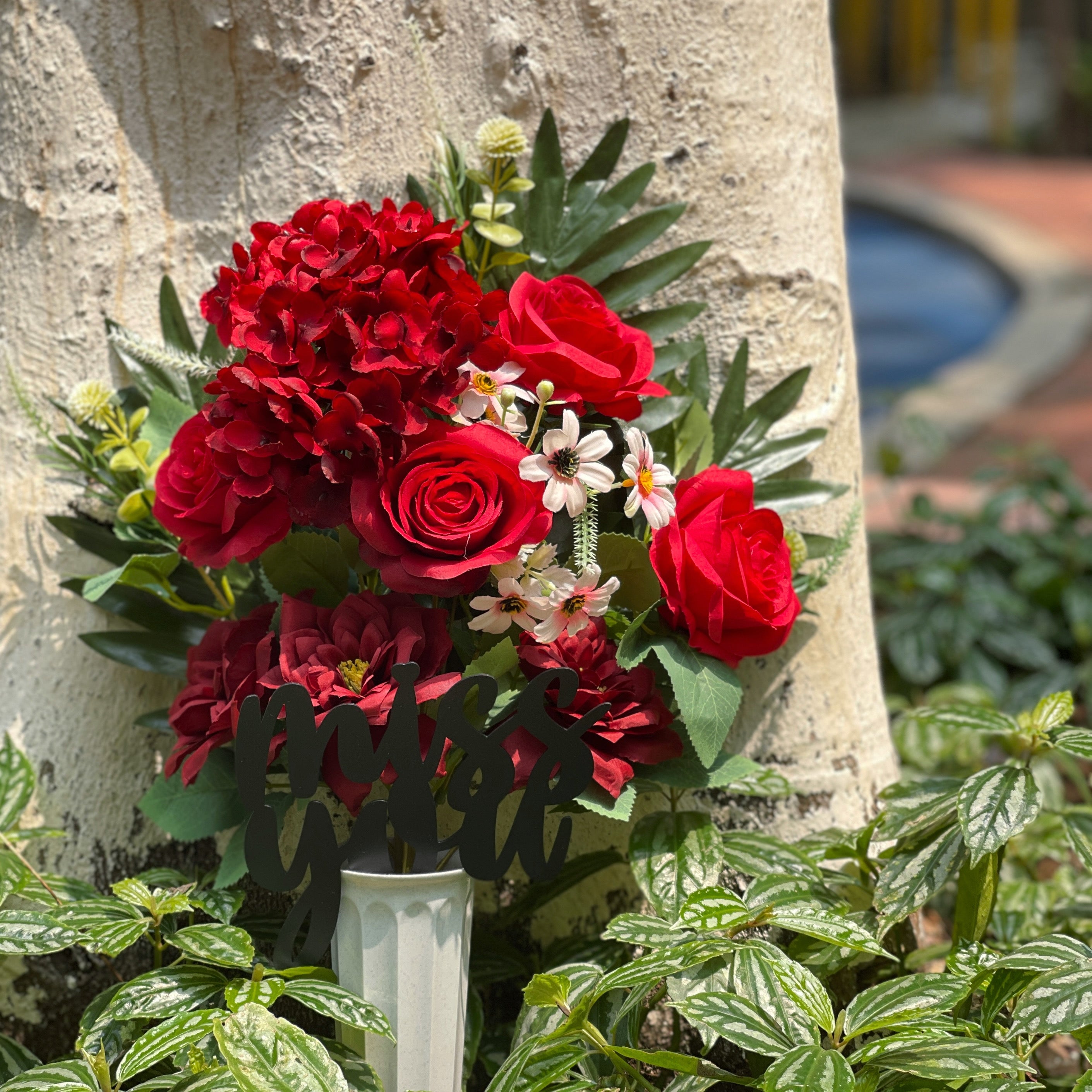 Bulk Summer Memorial Flowers with Vase Red Rose Graveyard Grave Flowers Wholesale