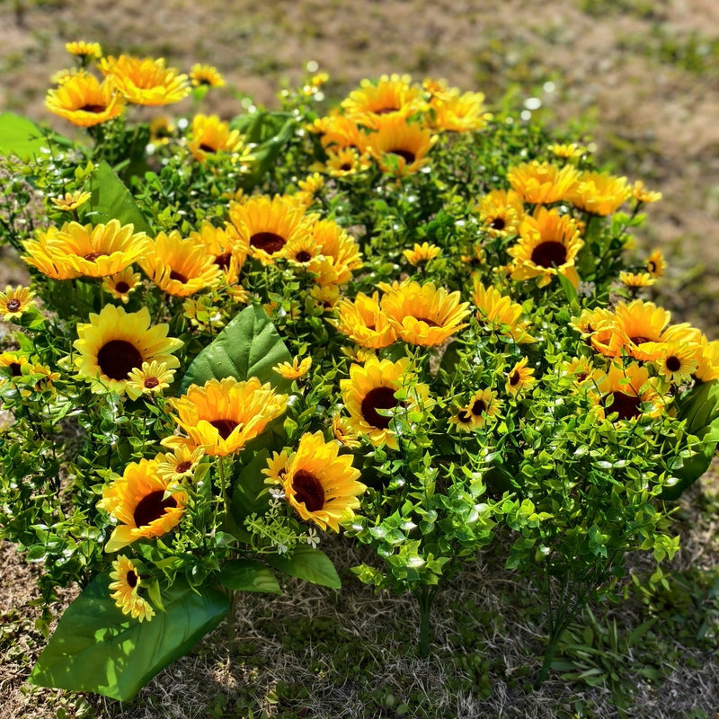 20 Bundles Artificial Sunflower Bushes with Greenery, Outdoor Silk Flowers, Bulk Pack