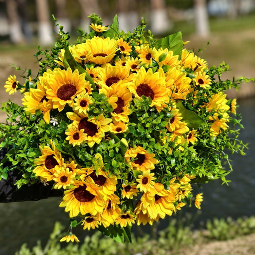 20 Bundles Artificial Sunflower Bushes with Greenery, Outdoor Silk Flowers, Bulk Pack