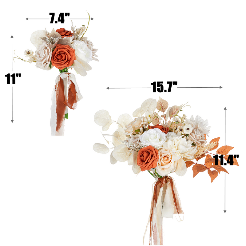 7 Pcs Artificial Champagne and Orange Rose Bridal and Bridesmaid Bouquet Set