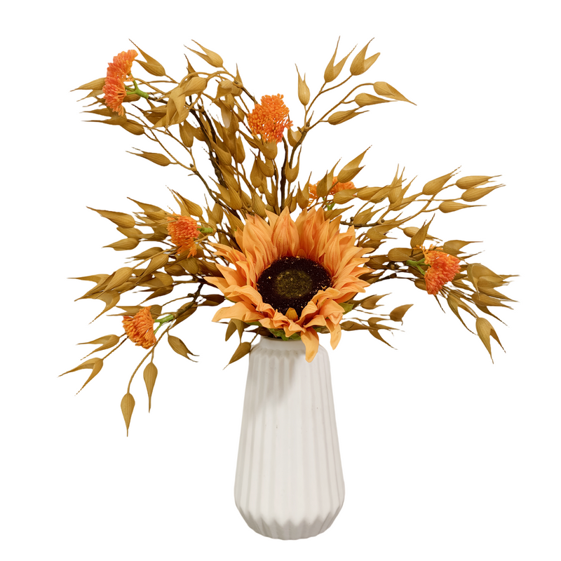 16 Inch Artificial Sunflower and Oat Arrangement 1 Pc Thanksgiving Centerpiece in Ceramic Vase