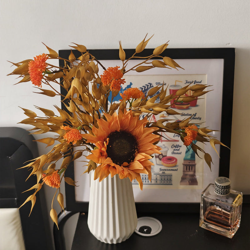 16 Inch Artificial Sunflower and Oat Arrangement 1 Pc Thanksgiving Centerpiece in Ceramic Vase