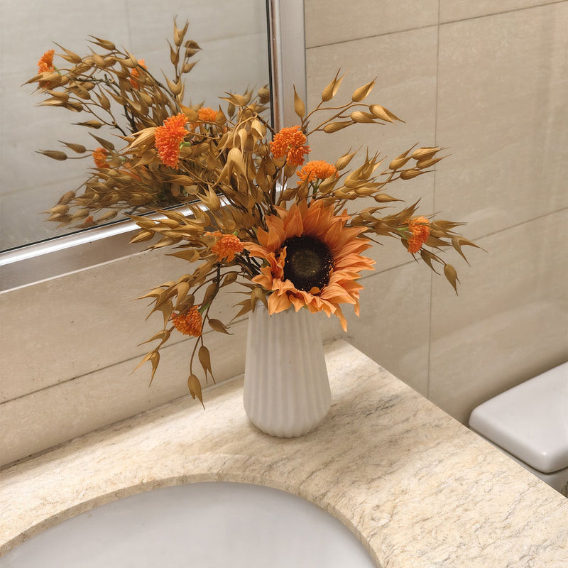 16 Inch Artificial Sunflower and Oat Arrangement 1 Pc Thanksgiving Centerpiece in Ceramic Vase
